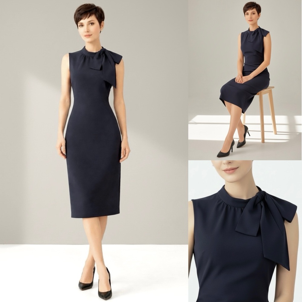 ANNE KLEIN Tie-Neck Accent Sheath Midi Dress Sleeveless Dark Navy Blue Back Zip - Picture 8 of 10
